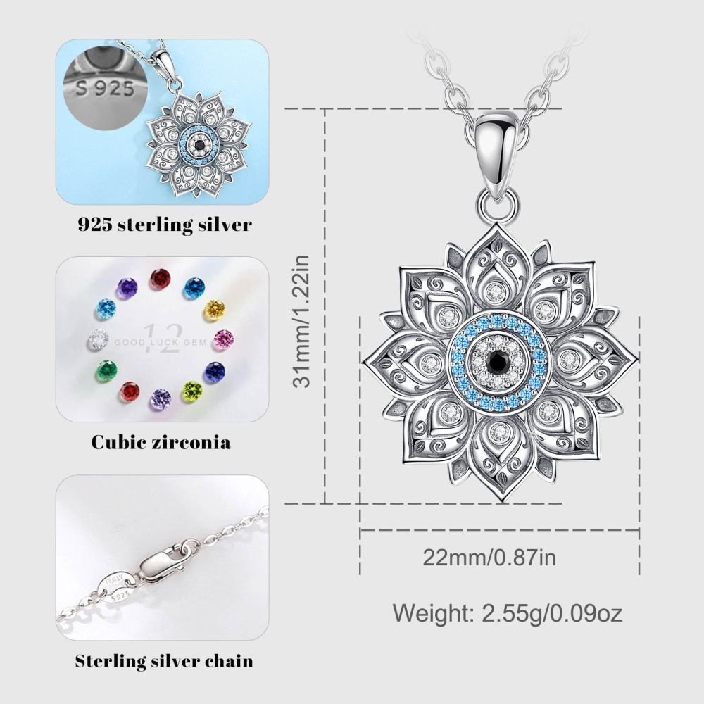 Elegant 925 Sterling Silver Necklace Lotus Mandala Evil Eye Pendant
