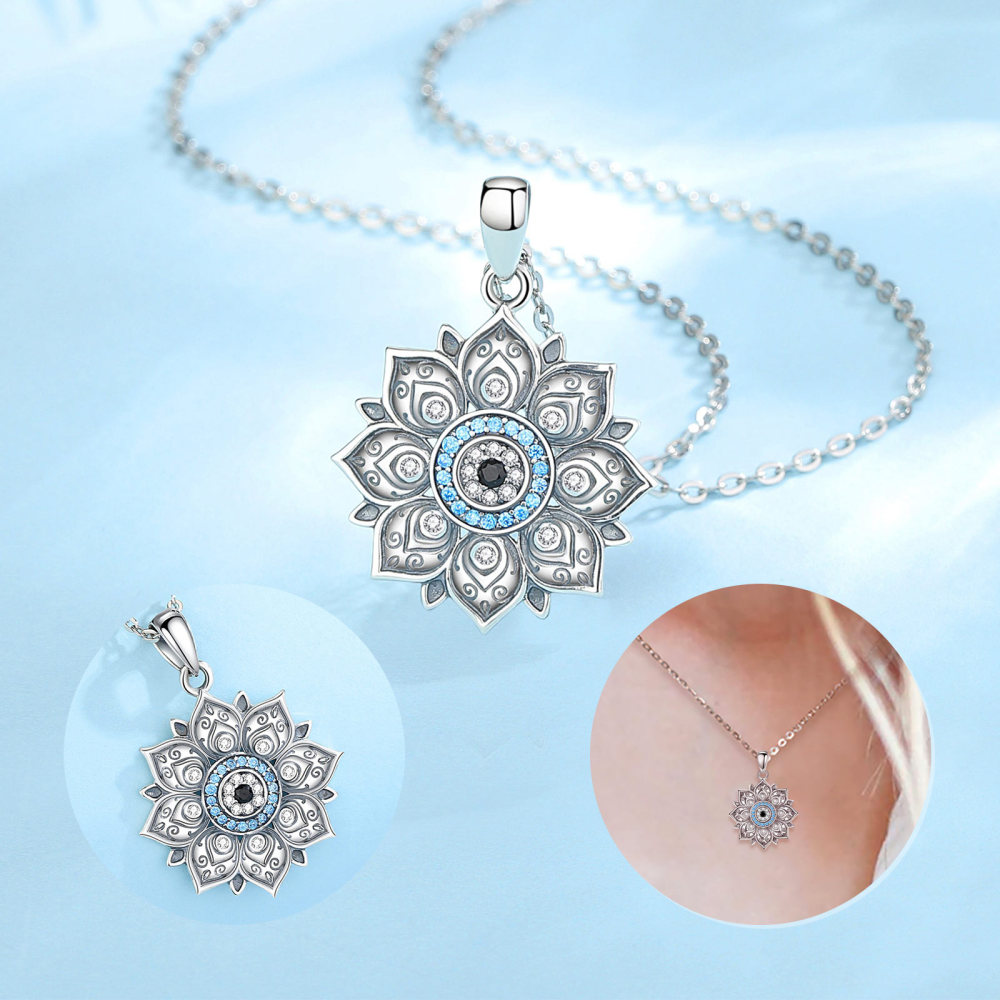Elegant 925 Sterling Silver Necklace Lotus Mandala Evil Eye Pendant