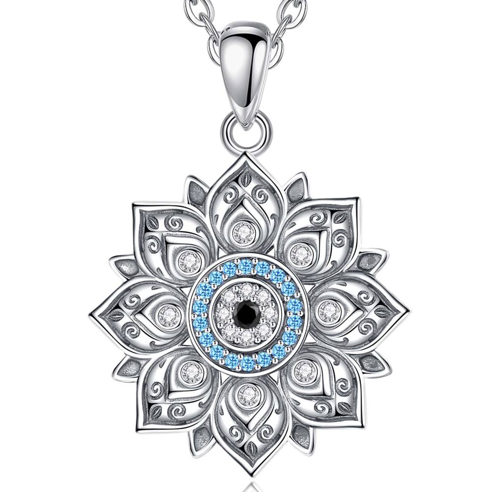 Elegant 925 Sterling Silver Necklace Lotus Mandala Evil Eye Pendant