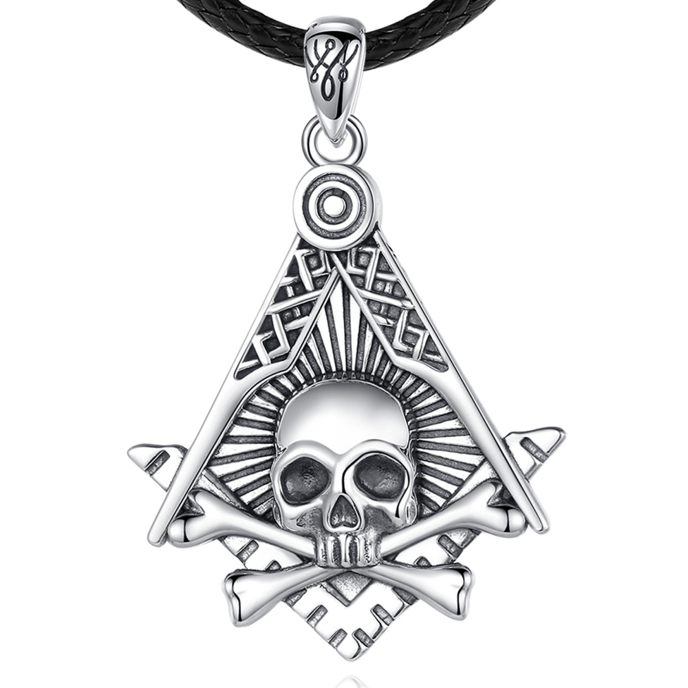 925 Sterling Silver Freemason Skull Pendant Necklace