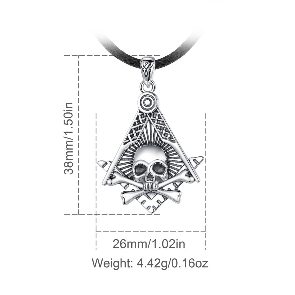 925 Sterling Silver Freemason Skull Pendant Necklace
