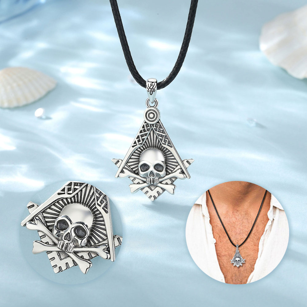 925 Sterling Silver Freemason Skull Pendant Necklace