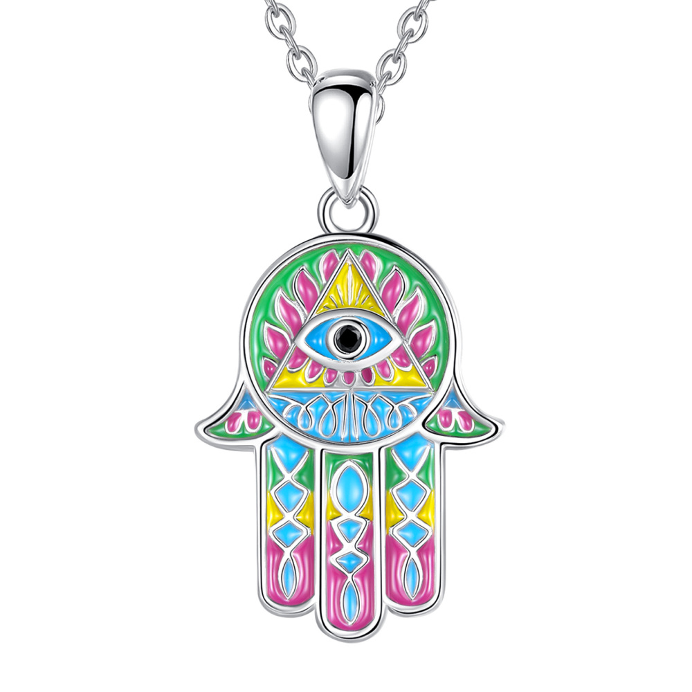 925 Sterling Silver Enamel Design Lucky Hamsa Hand Necklace