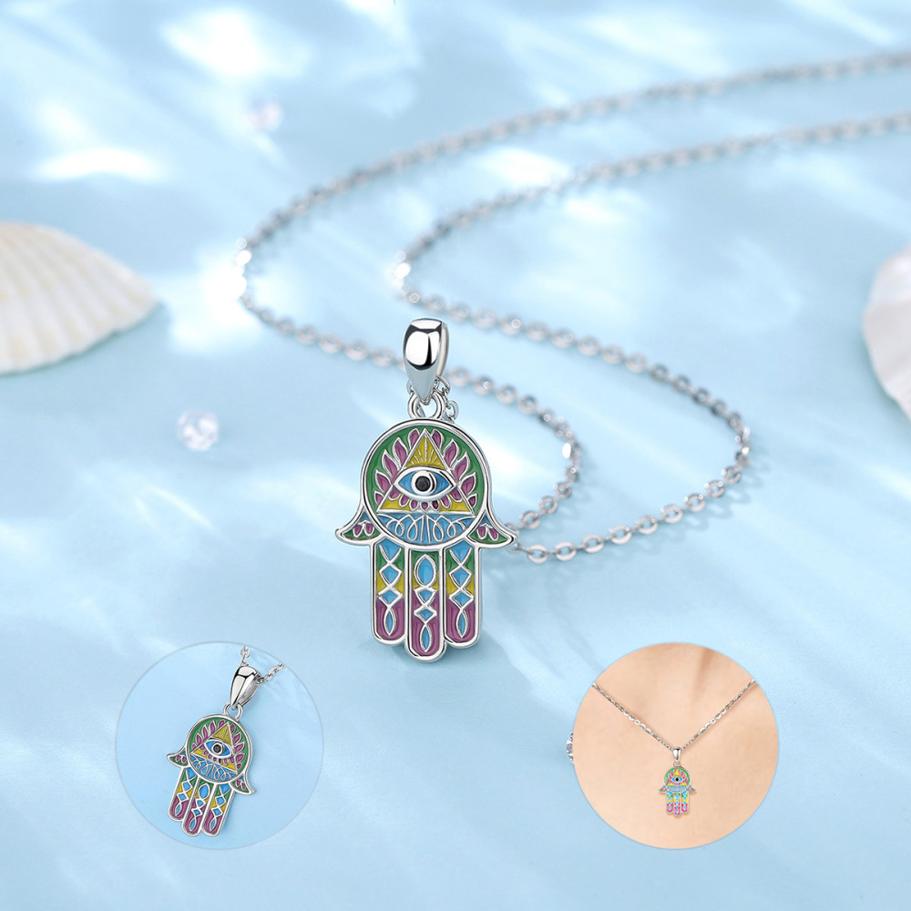 925 Sterling Silver Enamel Design Lucky Hamsa Hand Necklace