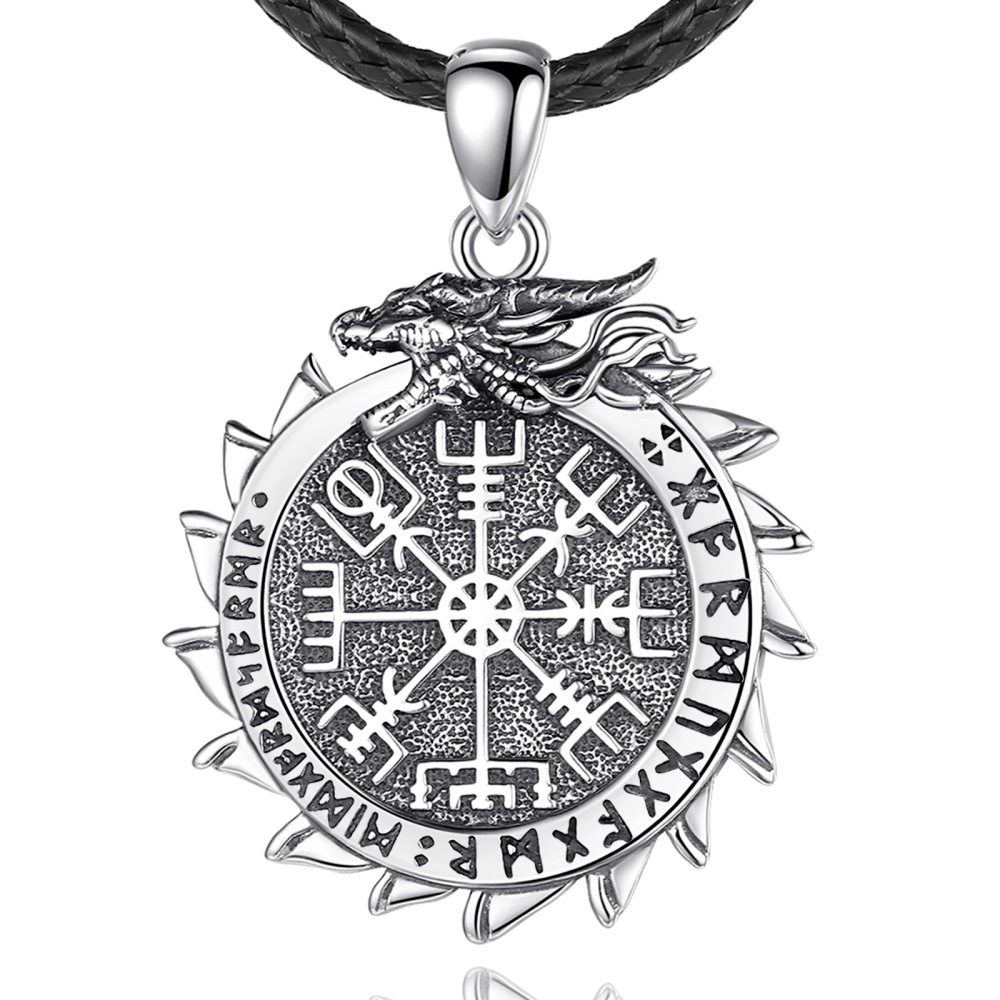 925 Sterling Silver Viking Compass Pendant Necklace with Dragon Design