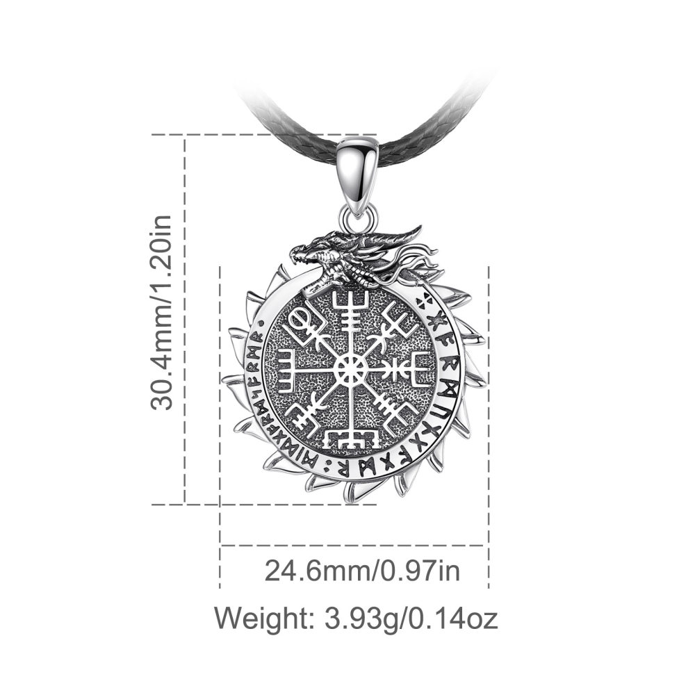 925 Sterling Silver Viking Compass Pendant Necklace with Dragon Design