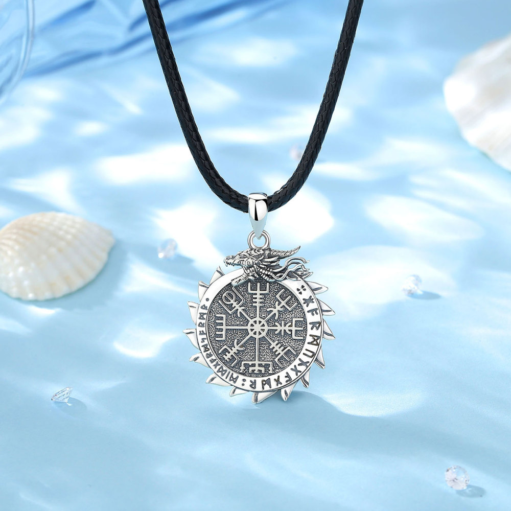 925 Sterling Silver Viking Compass Pendant Necklace with Dragon Design