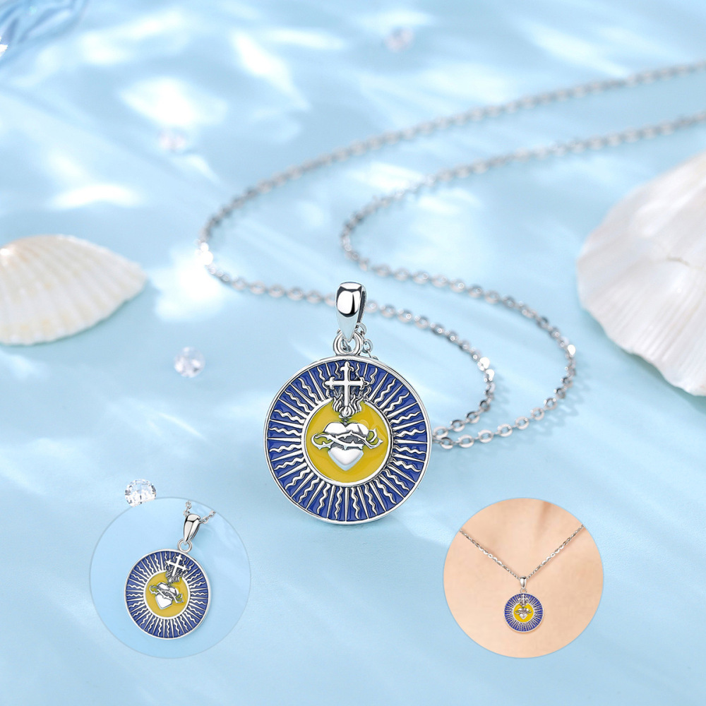 Sacred Heart Sterling Silver Necklace with Vibrant Enamel Design