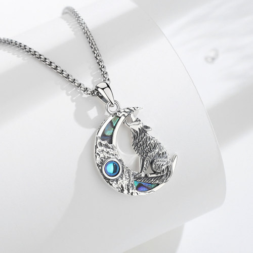 Wolf Moon Crescent Pendant Necklace 925 Silver with Moonstone and Abalone