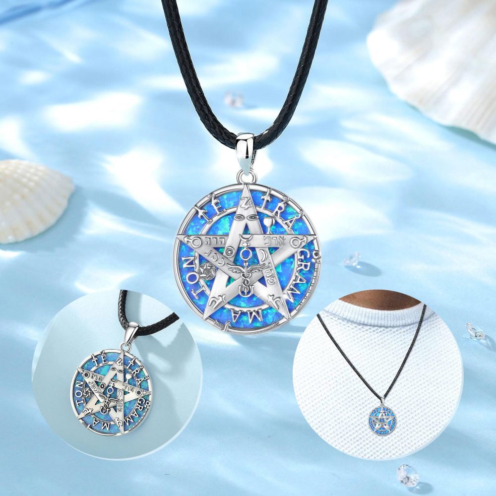 Tetragrammaton Pendant 925 Sterling Silver Necklace with Blue Opal Inlay