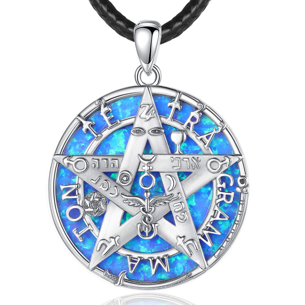 Tetragrammaton Pendant 925 Sterling Silver Necklace with Blue Opal Inlay