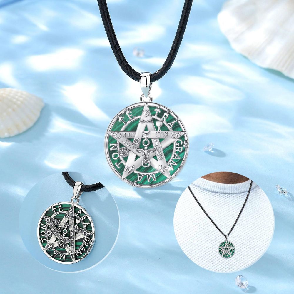 Tetragrammaton Pendant 925 Sterling Silver Necklace with Blue Opal Inlay