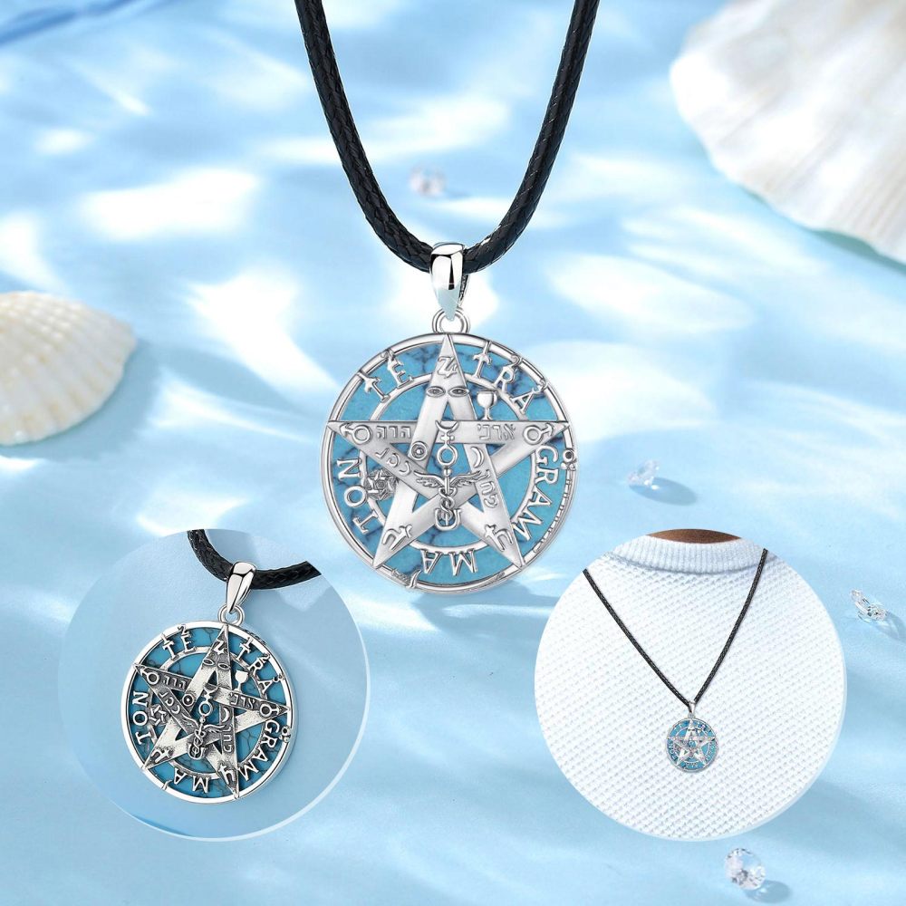 Tetragrammaton Pendant 925 Sterling Silver Necklace with Blue Opal Inlay