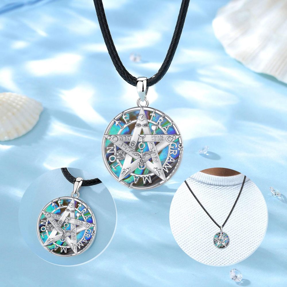 Tetragrammaton Pendant 925 Sterling Silver Necklace with Blue Opal Inlay