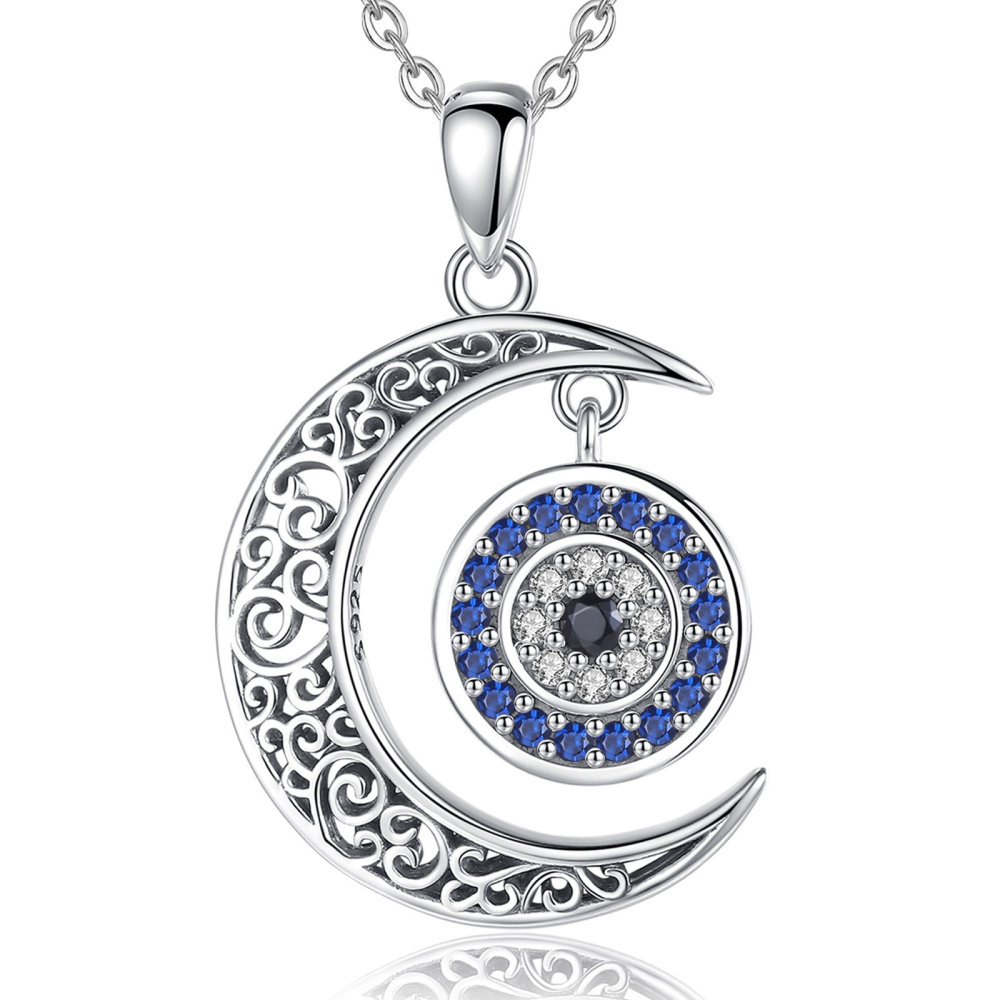 Mystical Moon and Evil Eye Pendant 925 Sterling Silver Necklace