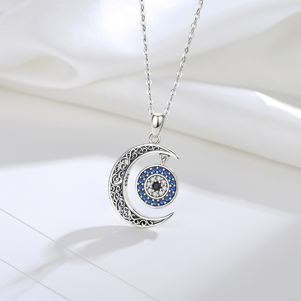 Mystical Moon and Evil Eye Pendant 925 Sterling Silver Necklace