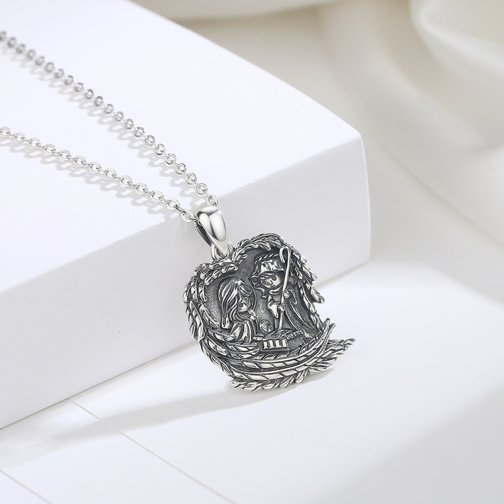 925 Sterling Silver Holy Family Pendant Necklace with Angel Wing Design