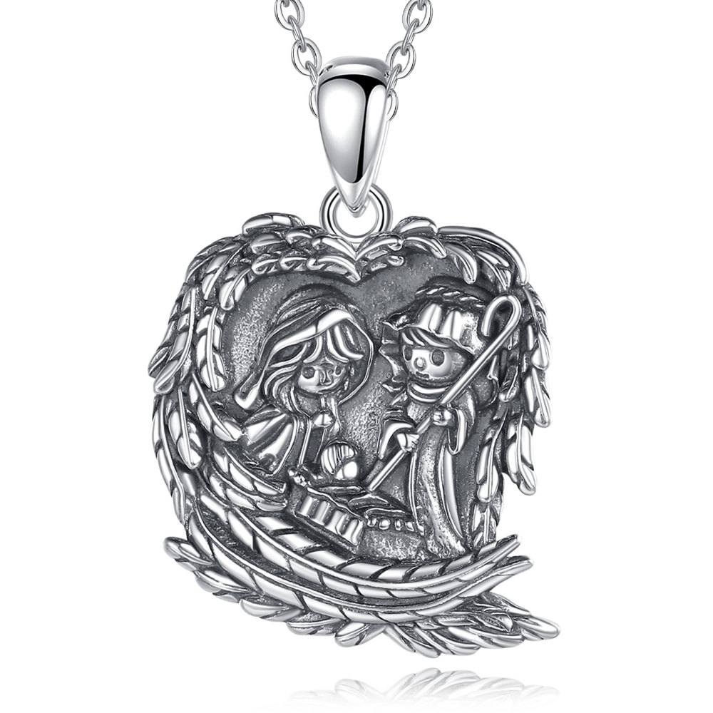 925 Sterling Silver Holy Family Pendant Necklace with Angel Wing Design