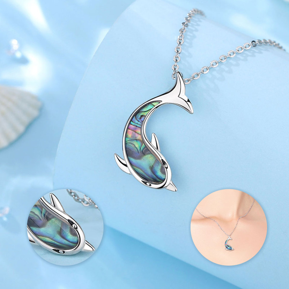 925 Sterling Silver Dolphin Necklace with Abalone Shell