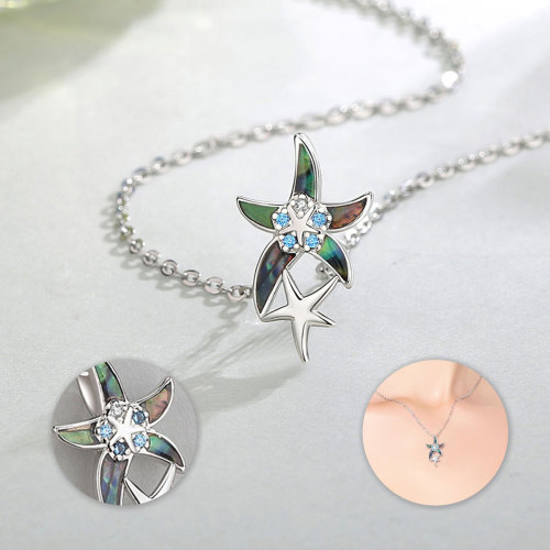 925 Sterling Silver Starfish Necklace with Abalone Shell and Blue Zircon