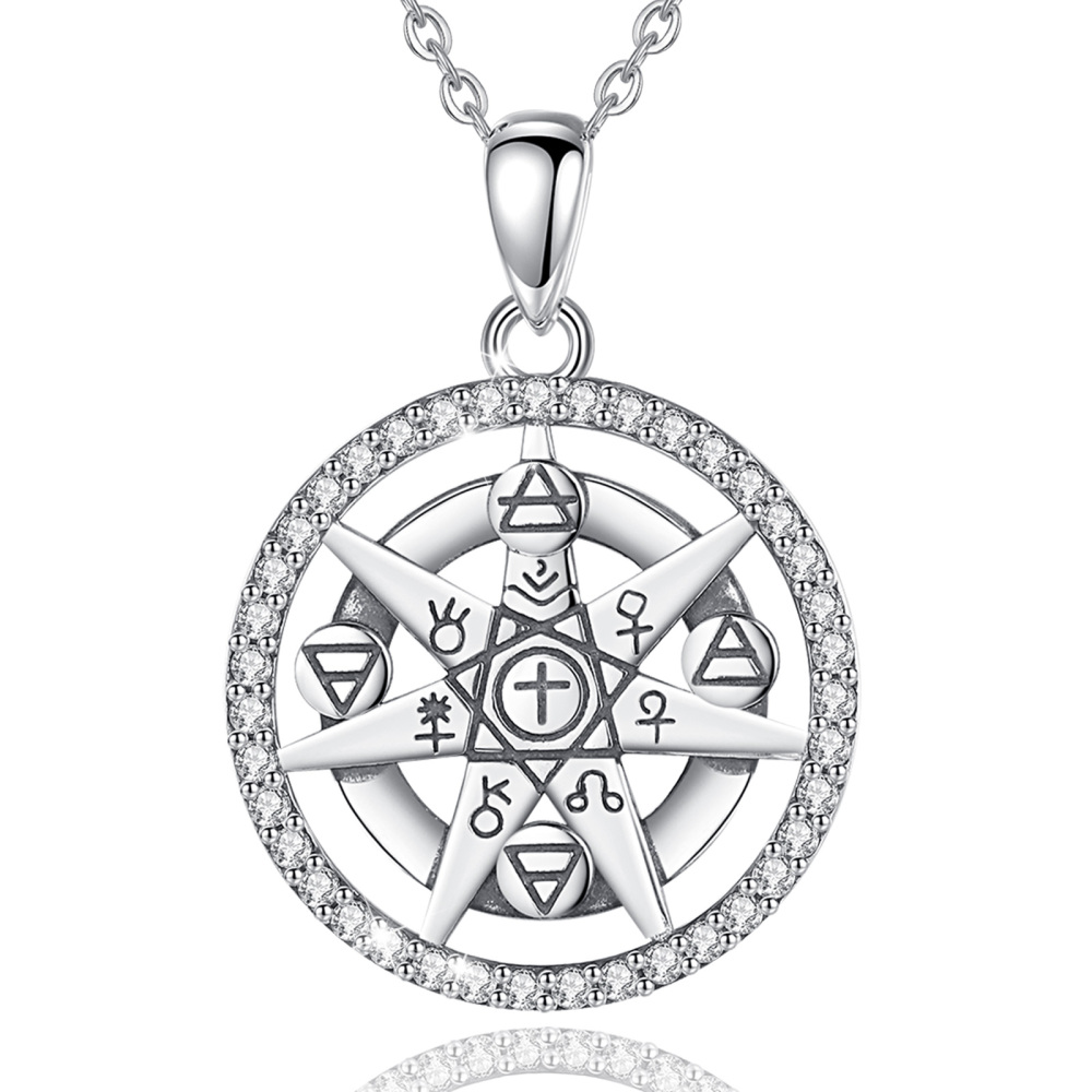 925 Sterling Silver Heptagram Alchemy Necklace with Zircon Accents