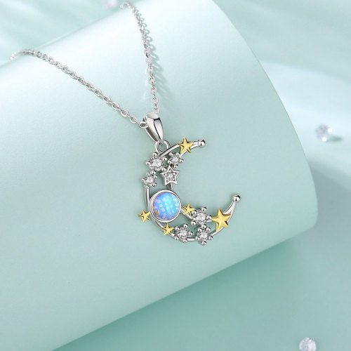 925 Sterling Silver Moon and Star Necklace with Zircon Accents