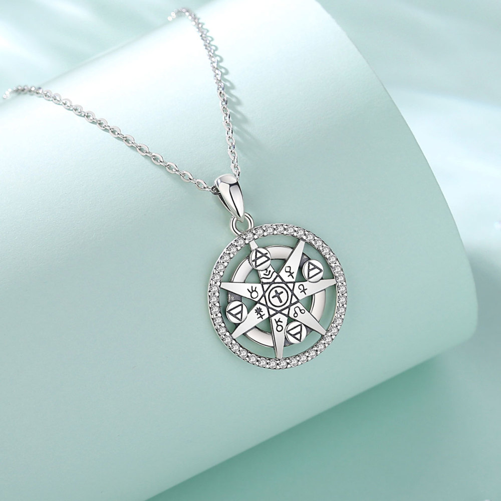 925 Sterling Silver Heptagram Alchemy Necklace with Zircon Accents