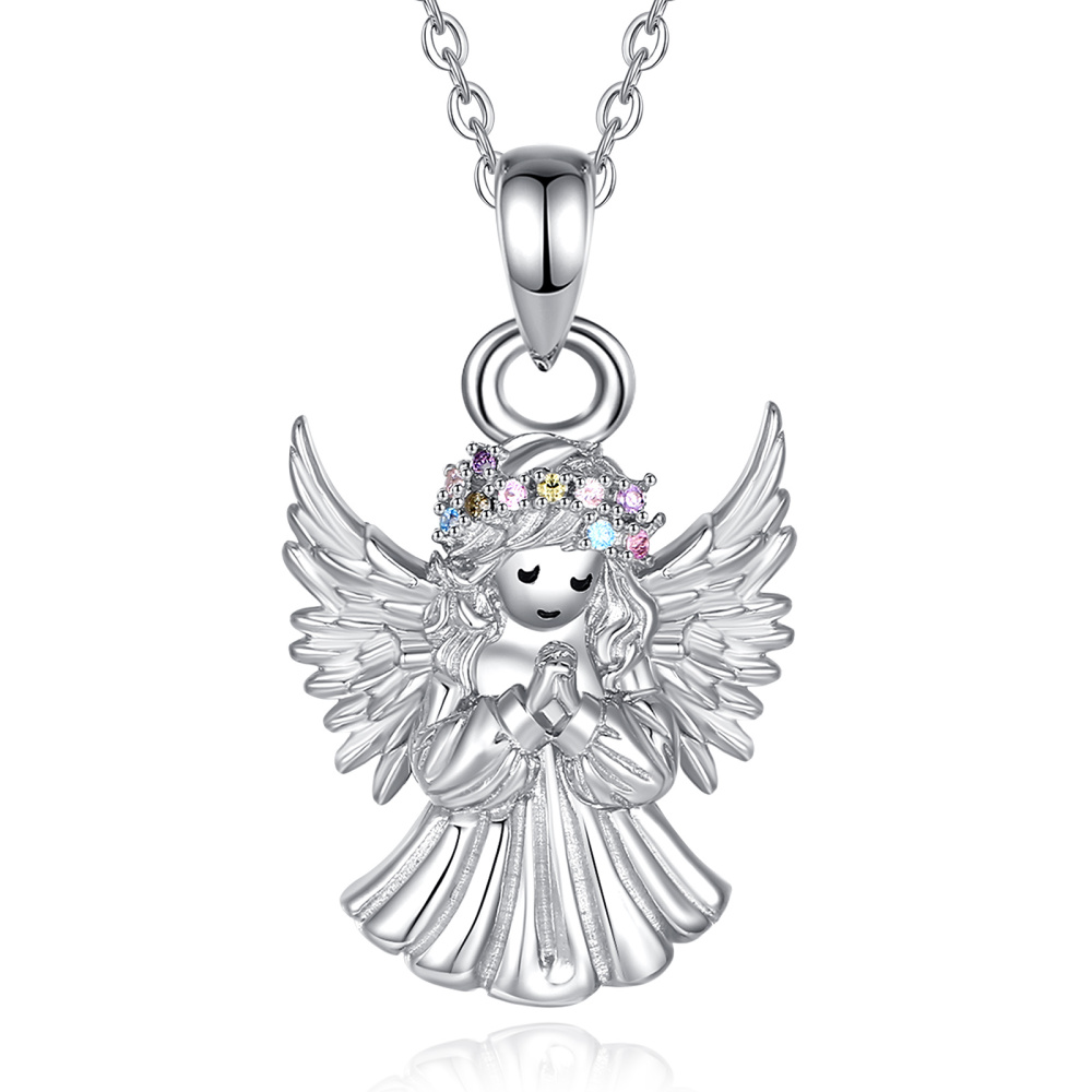 Praying Angel Pendant Necklace with Multicolor Zircon