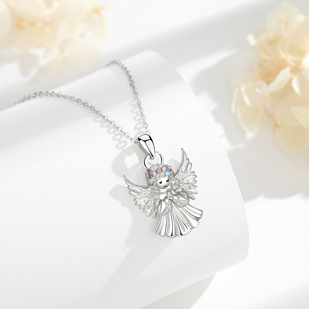 Praying Angel Pendant Necklace with Multicolor Zircon