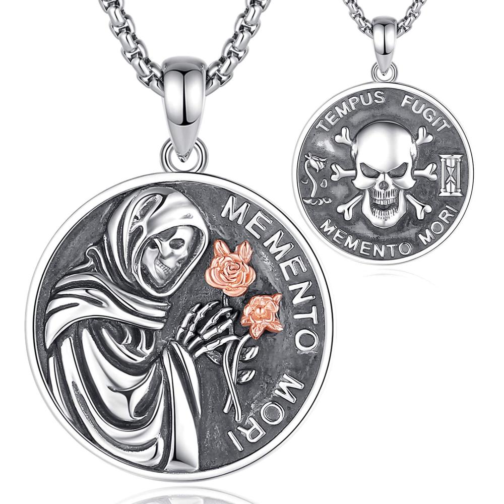 Memento Mori Pendant Necklace with Skull and Rose Design