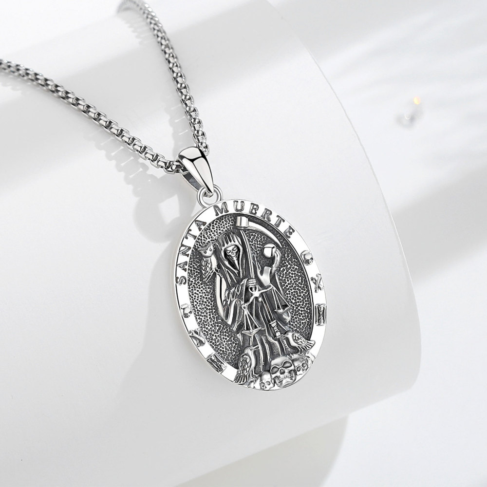 Santa Muerte Skull Pendant Necklace 925 Silver Oxidized