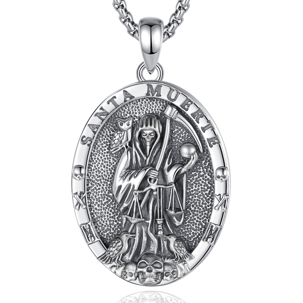 Santa Muerte Skull Pendant Necklace 925 Silver Oxidized