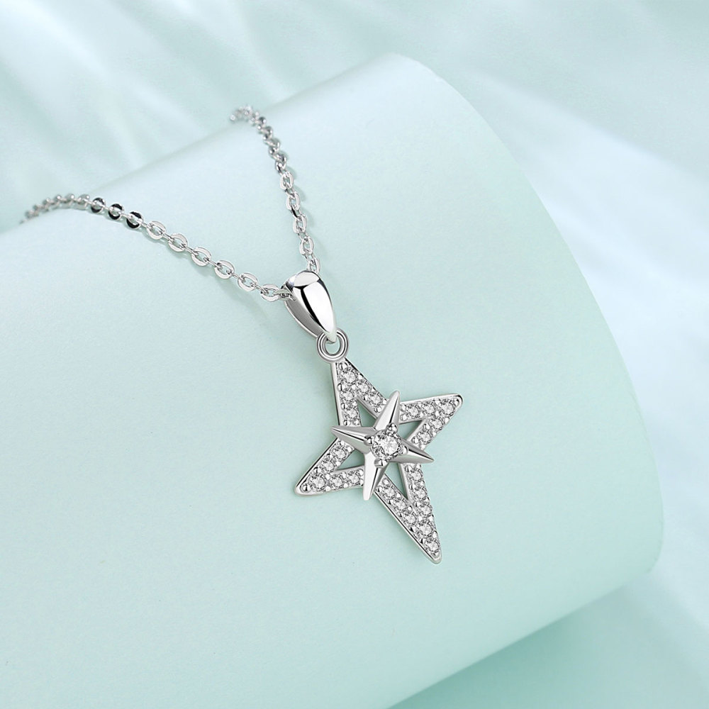 Star Cross Necklace 925 Sterling Silver Pendant with Sparkling CZ Stones