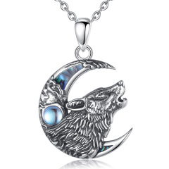 925 Sterling Silver Viking Wolf Moon Necklace with Moonstone