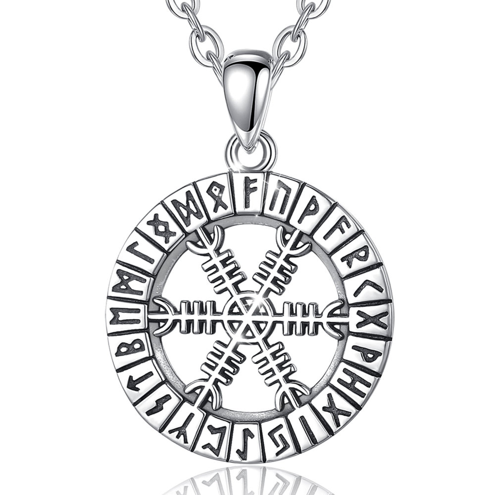925 Sterling Silver Viking Vegvisir Pendant with Nordic Runes
