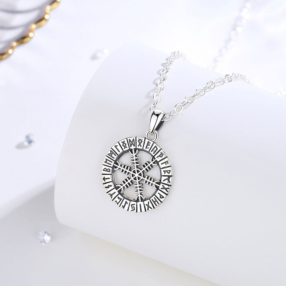 925 Sterling Silver Viking Vegvisir Pendant with Nordic Runes