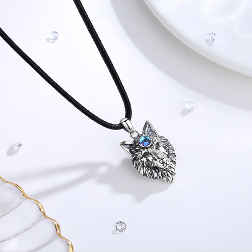 925 Sterling Silver Viking Wolf Pendant Necklace with Moonstone