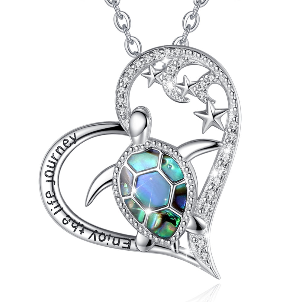 Sterling Silver Sea Turtle Necklace with Starry Moon and Abalone Shell Design