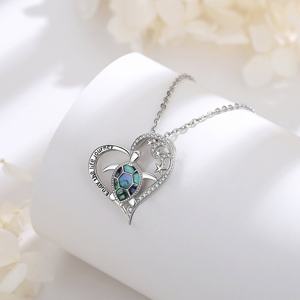 Sterling Silver Sea Turtle Necklace with Starry Moon and Abalone Shell Design