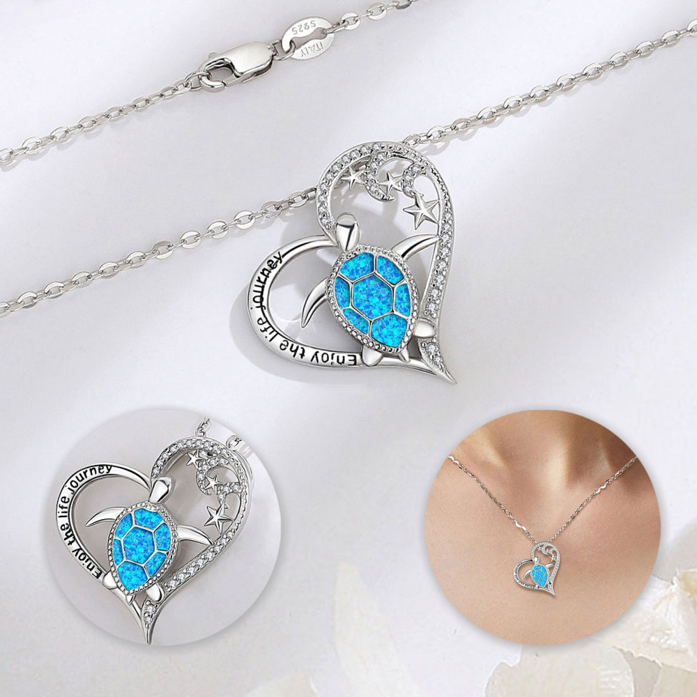 Sterling Silver Sea Turtle Necklace with Starry Moon and Abalone Shell Design