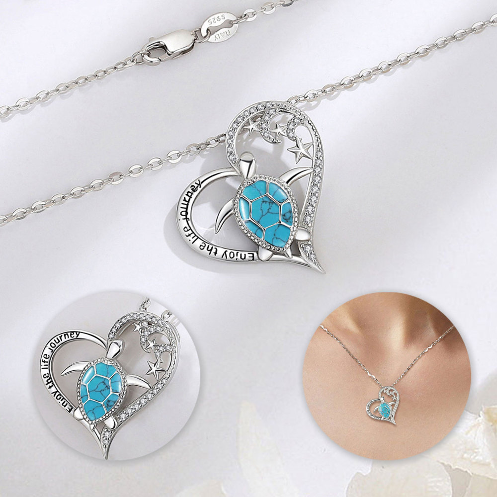 Sterling Silver Sea Turtle Necklace with Starry Moon and Abalone Shell Design