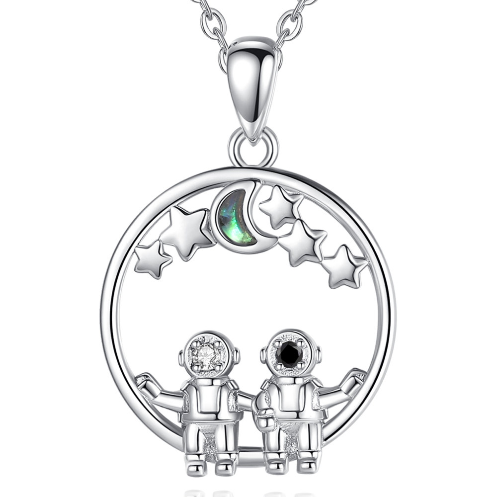 925 Sterling Silver Astronaut Couple Necklace Moon and Stars Cosmic Pendant
