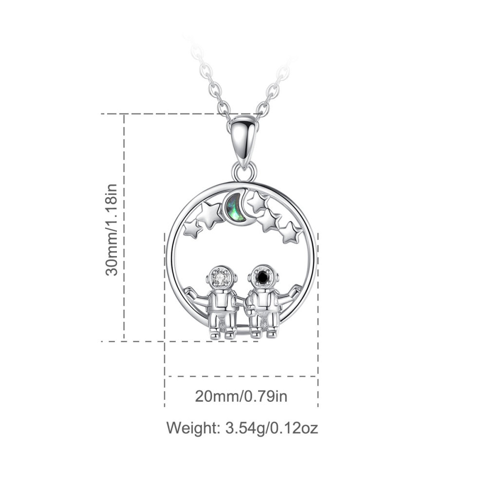 925 Sterling Silver Astronaut Couple Necklace Moon and Stars Cosmic Pendant