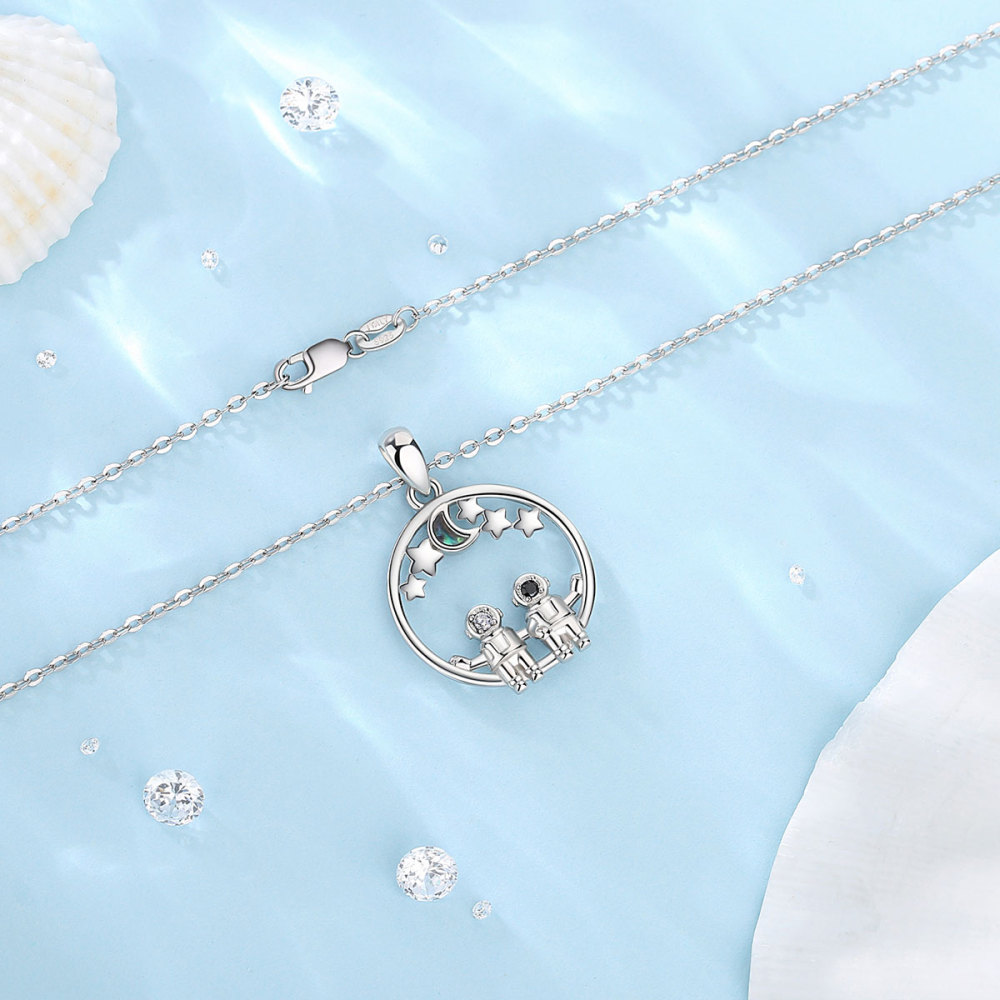 925 Sterling Silver Astronaut Couple Necklace Moon and Stars Cosmic Pendant