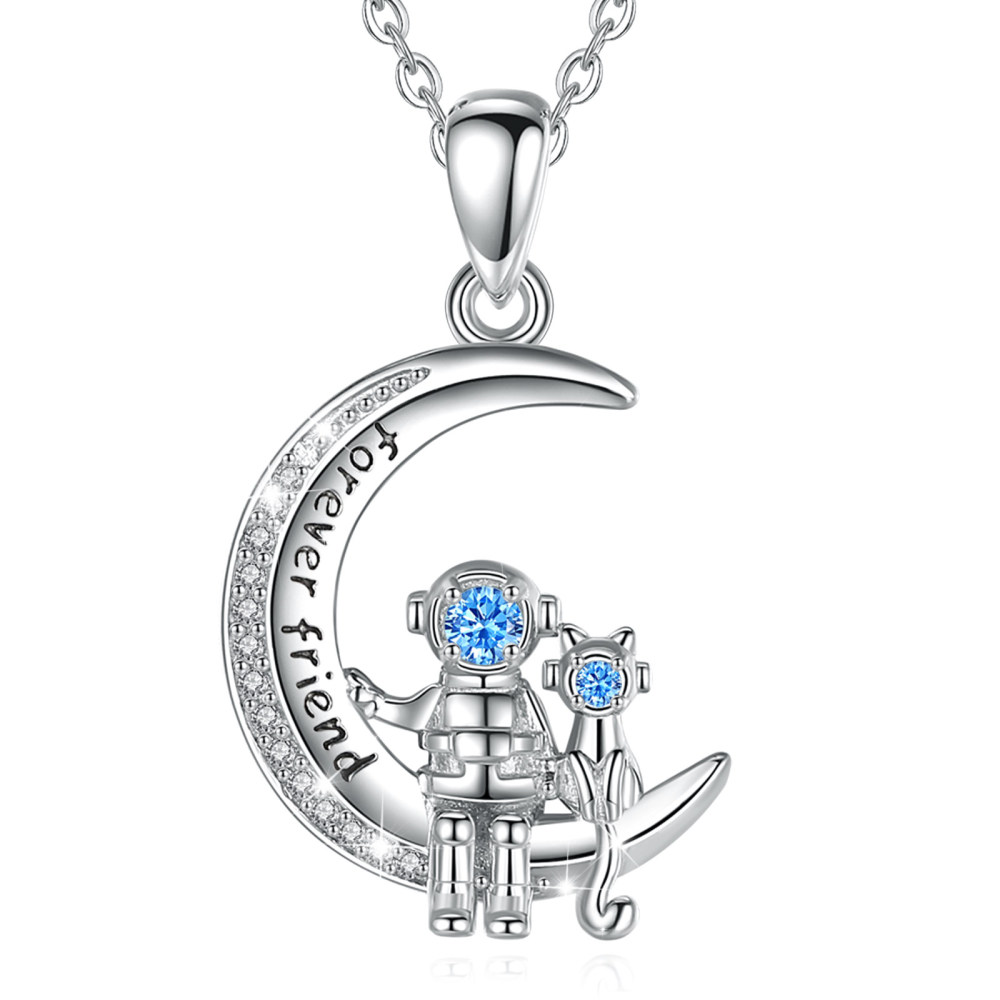925 Sterling Silver Astronaut and Cat Necklace Forever Friend Moon Pendant