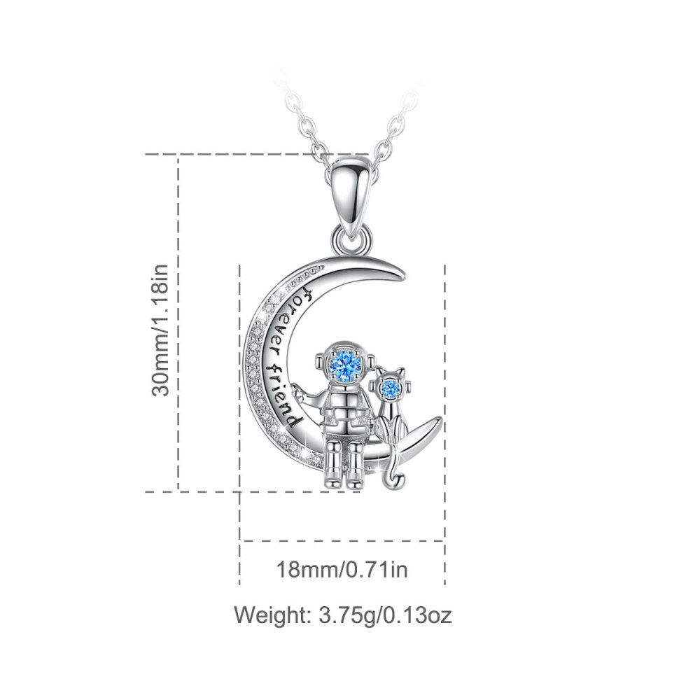 925 Sterling Silver Astronaut and Cat Necklace Forever Friend Moon Pendant