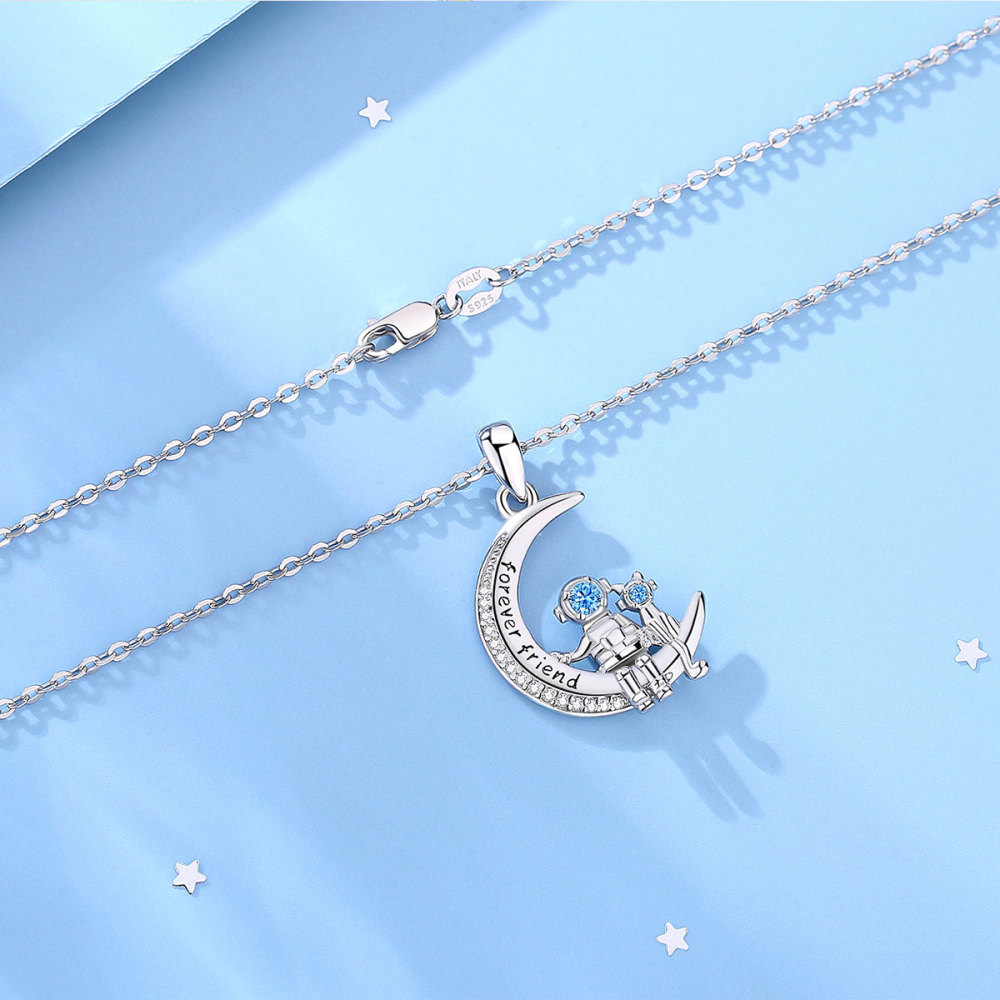 925 Sterling Silver Astronaut and Cat Necklace Forever Friend Moon Pendant