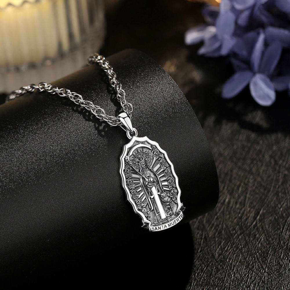 Santa Muerte Skull Pendant Necklace Sterling Silver Oxidized Gothic Amulet for Jewelry Wholesale