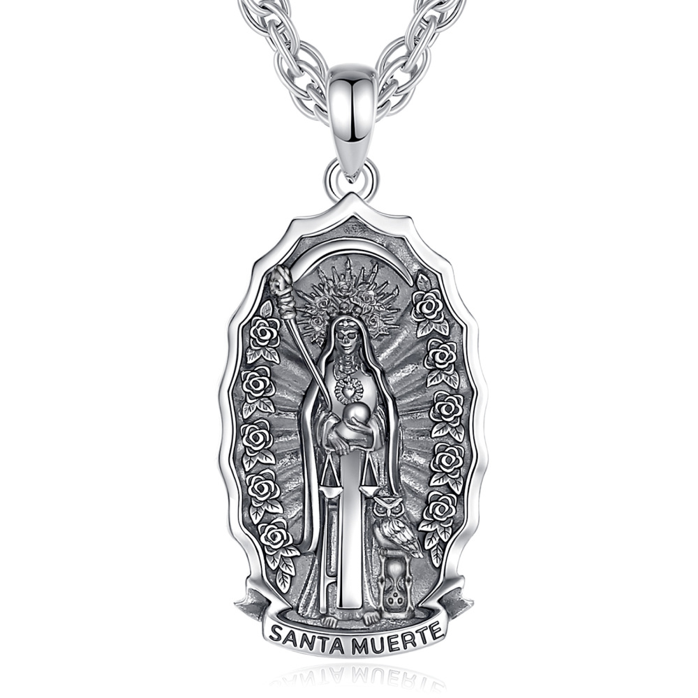 Santa Muerte Skull Pendant Necklace Sterling Silver Oxidized Gothic Amulet for Jewelry Wholesale