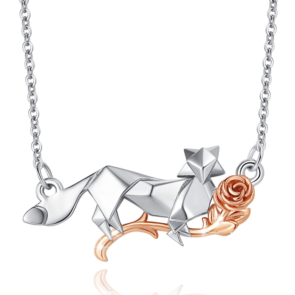 925 Sterling Silver Fox and Rose Love and Romance Pendant